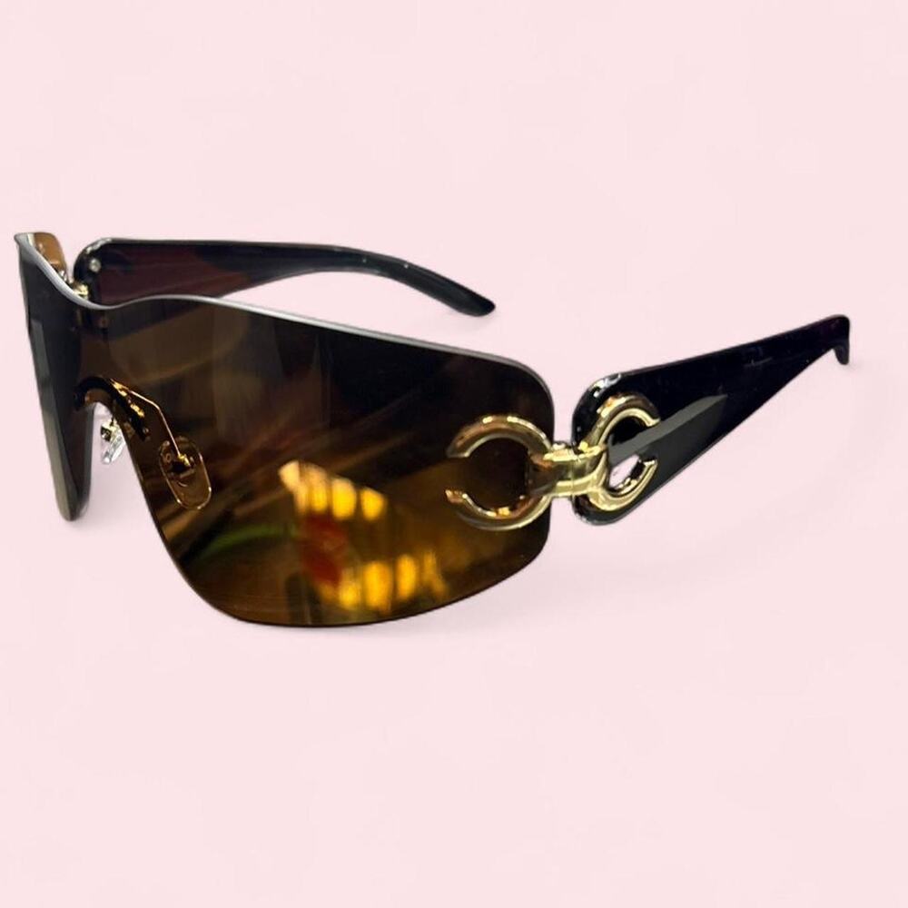 Y2k Shield Brown Sunglasses double c oversized wrap Summer Coastal